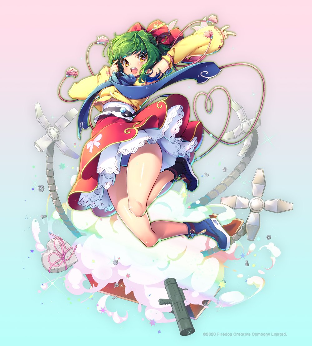1girl 2020 aki_(aki_mechdoll) animal_print ankle_boots aqua_background aqua_panties armpits astral_stairways bare_legs beads bilingual_commentary binyeo bistro_cupid bistro_cupid!!_max bistro_cupid_(series) blue_boots blue_ribbon boots breasts butterfly_print camomilla_iri chinese_commentary commentary company_name copyright_notice dated detached_sleeves english_commentary english_text explosion extra_arms full_body goreum gradient_background green_hair hair_ornament hair_ribbon hairpin half_updo hanbok happy heart hexagram jeogori_(clothes) korean_clothes lace-trimmed_petticoat lace-trimmed_sleeves lace_trim light_particles long_sleeves looking_at_viewer mechanical_arms medium_breasts medium_hair miniskirt mixed-language_commentary no_socks nut_(hardware) obi obijime official_art open_mouth panties petticoat pink_background pink_ribbon print_skirt red_ribbon red_skirt ribbon rocket_launcher sash screw simple_background single_hair_intake skirt sleeveless_hanbok sleeves_past_wrists solo star_(symbol) tassel teeth tongue underboob underwear upper_teeth_only weapon white_petticoat white_sash wide_sleeves yellow_eyes yellow_jeogori yellow_sleeves