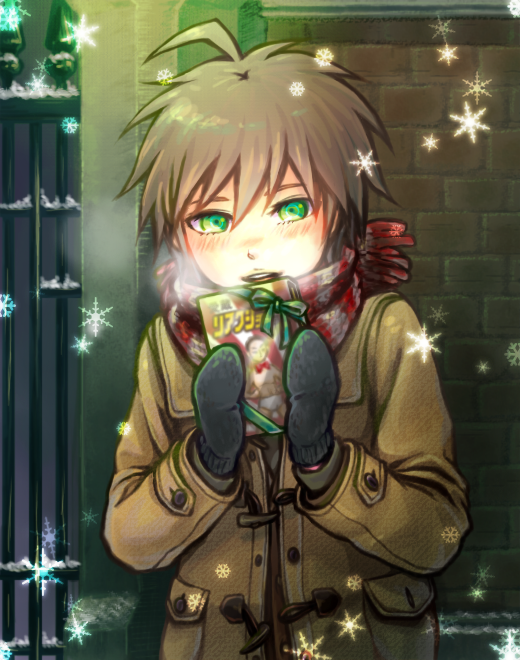 1boy ahoge black_mittens blush brown_coat brown_hair coat danganronpa:_trigger_happy_havoc danganronpa_(series) gift green_eyes holding holding_gift looking_at_viewer male_focus mittens momosaki_hiromu naegi_makoto open_mouth outdoors scarf short_hair snowflakes solo striped_clothes striped_scarf