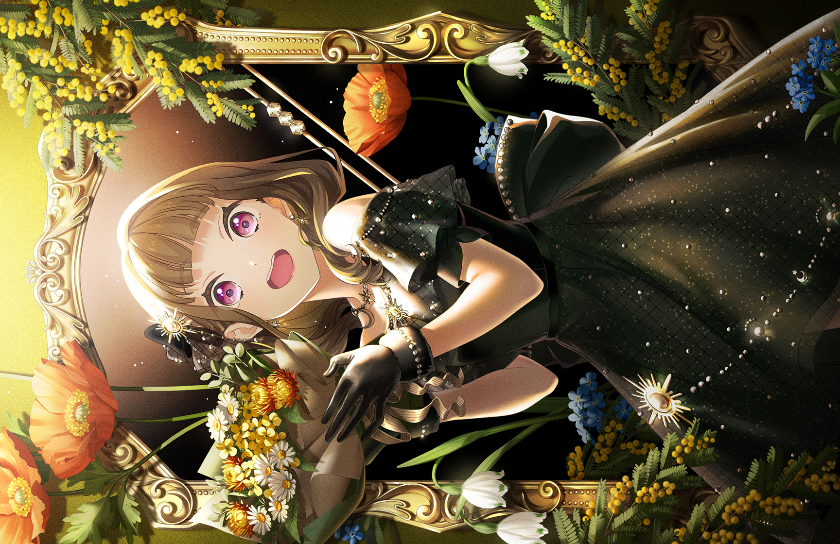 1girl :d acacia_(flower) bare_shoulders black_dress black_gloves blue_flower blunt_bangs bouquet brown_hair cowboy_shot daisy dress flower flower_request fur-trimmed_gloves fur_trim game_cg gloves hair_over_shoulder highres holding holding_bouquet kachimachi_kosuzu kachimachi_kosuzu_(16th_birthday) link!_like!_love_live! long_hair love_live! off-shoulder_dress off_shoulder official_alternate_costume official_art open_mouth orange_flower pink_eyes poppy_(flower) sideways smile solo sun_hair_ornament teeth third-party_source upper_teeth_only virtual_youtuber white_flower yellow_flower