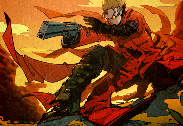 1boy agl_arms_.45_long_colt aiming aqua_eyes black_gloves black_pants blonde_hair boots clip_studio_paint_(medium) coat cowboy_shot cowboy_western desert earrings elbow_pads gloves grin gun handgun high_collar holding holding_gun holding_weapon imo_su_p jewelry knee_pads long_coat looking_at_viewer low_bore_axis_revolver male_focus pants red_coat revolver science_fiction smile spiked_hair squatting sunglasses sunlight sunset torn_clothes torn_coat trigun vash_the_stampede weapon