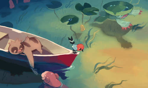 animal bird brown_fur canoe claws csticco fletchinder gen_1_pokemon gen_3_pokemon gen_6_pokemon grey_fur lily_pad lombre lowres luvdisc lying nintendo no_humans on_stomach pokemon pokemon_(creature) slakoth slowpoke two-tone_fur water