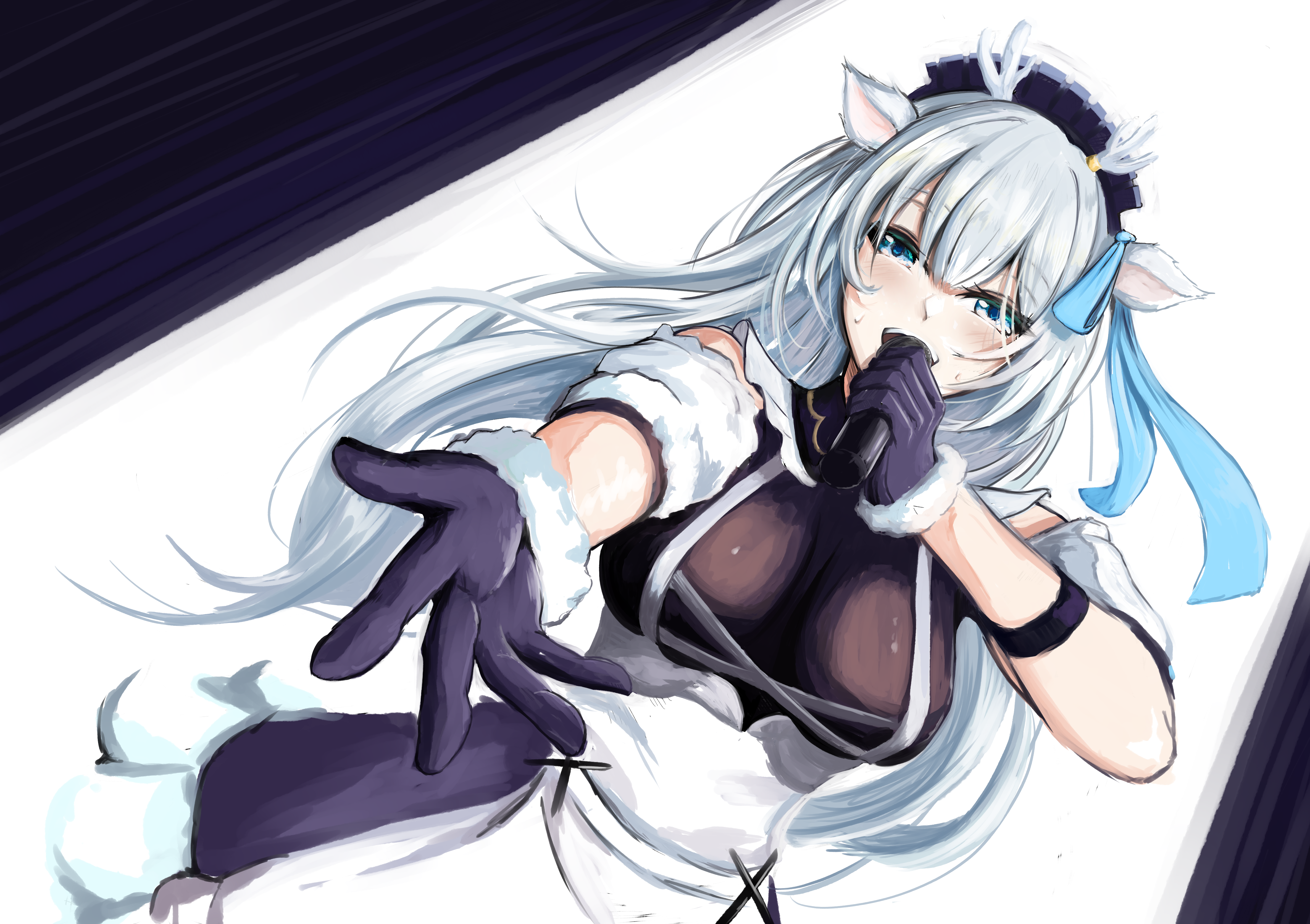 1girl absurdres animal_ears antlers apron arm_garter black_dress black_gloves blue_eyes blue_ribbon breasts clero_(viprimo) deer_antlers deer_ears deer_girl dress fur-trimmed_gloves fur_trim gloves grey_hair hair_ribbon hakushika_iori highres holding holding_microphone horns large_breasts long_hair maid maid_headdress microphone phase_connect ribbon solo virtual_youtuber white_apron