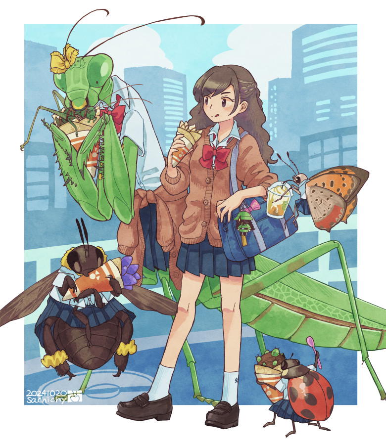 1girl :q aizawa_sachi animal antennae bag bee black_footwear black_hair blue_bag blue_skirt border bow bowtie braid brown_cardigan bug building butterfly cardigan cardigan_around_waist city clothed_animal clothes_around_waist crepe cup dated disposable_cup eating food half_up_braid holding holding_crepe holding_food insect insect_wings ladybug long_hair original outdoors outside_border pleated_skirt praying_mantis red_bow red_bowtie shoes skirt socks spoon tongue tongue_out white_border white_socks wings yellow_bow
