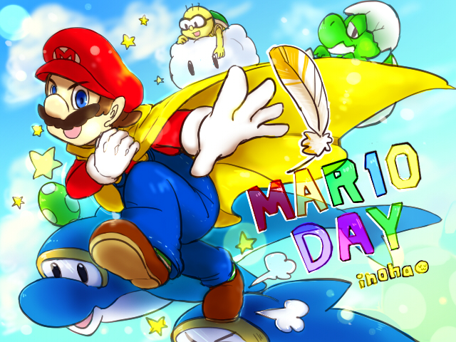 1boy baby_yoshi blue_eyes brown_hair cape_mario day dinosaur dolphin_(mario) egg facial_hair feathers gloves grin lakitu looking_at_another looking_at_viewer mario mario_(series) mustache nintendo overalls power-up smile super_mario_world yoshi