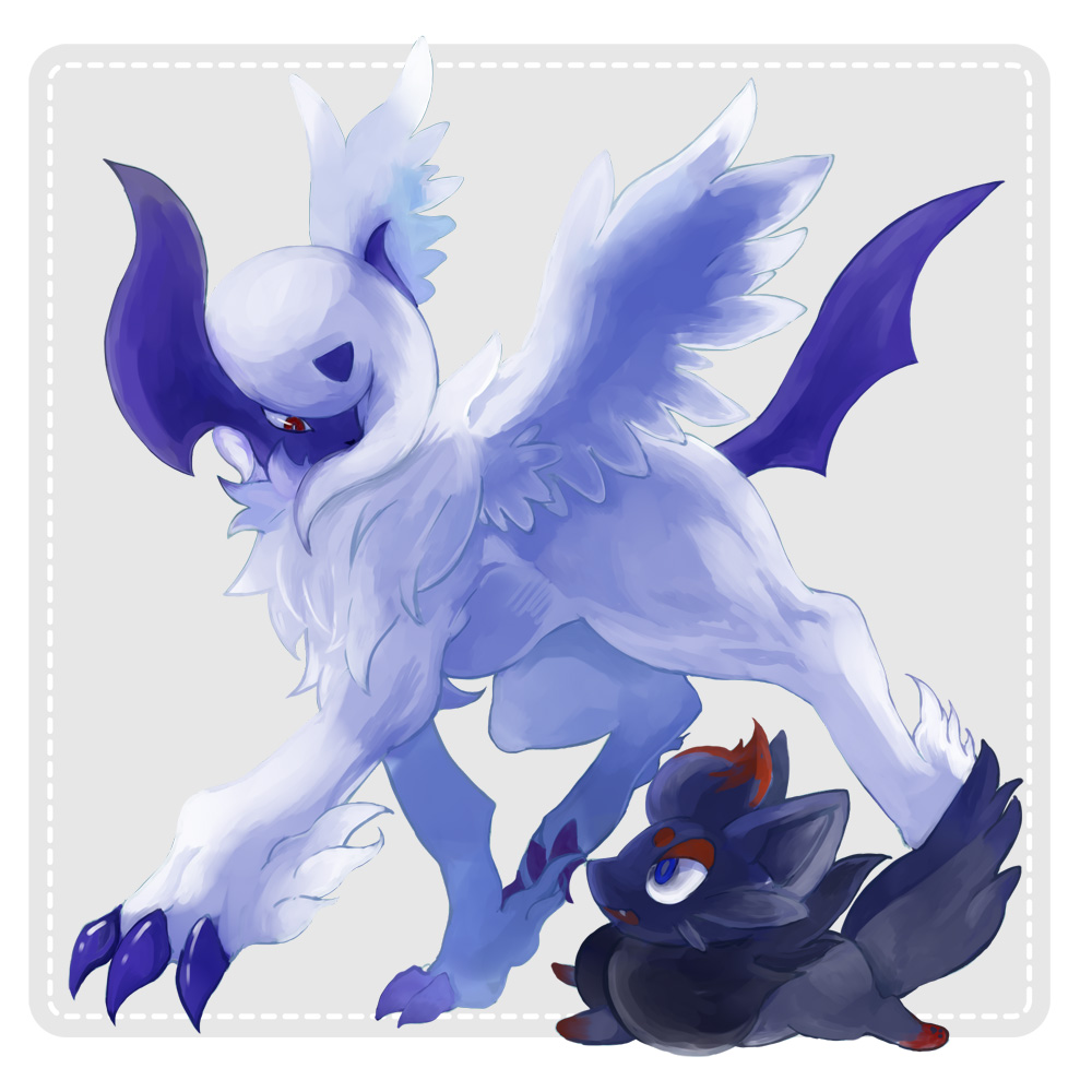 absol animal_focus blue_eyes bright_pupils claws fang feathered_wings gen_3_pokemon gen_5_pokemon horns long_hair looking_down looking_up marcoboolo mega_absol mega_pokemon nintendo no_humans open_mouth pawpads pokemon pokemon_(creature) red_eyes running walking white_hair white_pupils wings zorua