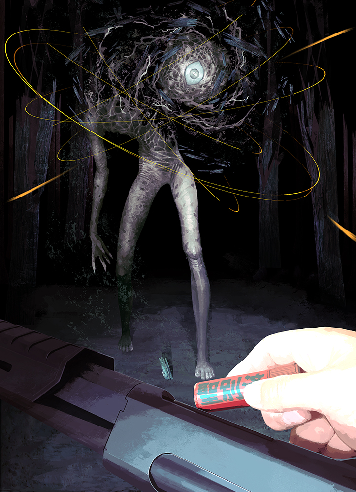 2others barefoot dark eldritch_abomination forest gun holding horror_(theme) looking_at_viewer monster multiple_others nature night original outdoors reloading shotgun solo_focus toy(e) weapon