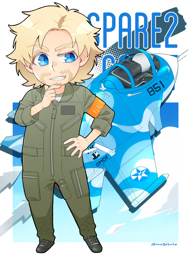 1boy ace_combat ace_combat_7:_skies_unknown aircraft airplane armband artist_request beard blonde_hair blue_eyes character_name chibi count_(ace_combat_7) emblem facial_hair fighter_jet flight_suit g-suit grin hand_on_own_chin hand_on_own_hip hat looking_to_the_side military military_vehicle pilot pilot_suit sin_lines smile su-33 top_hat twitter_username