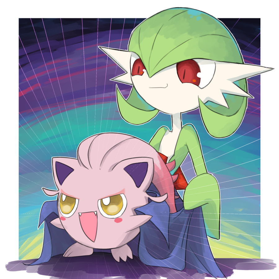 blue_cape bob_cut cape colored_skin dmt_(auburn) emphasis_lines fangs gardevoir gen_3_pokemon green_hair green_skin multicolored_skin nintendo open_mouth pink_skin pokemon pokemon_(creature) red_eyes scream_tail smile two-tone_skin white_skin yellow_eyes