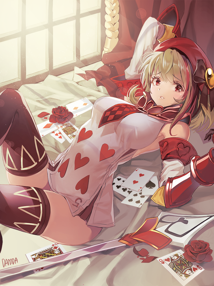 1girl ace_(playing_card) ace_of_diamonds ace_of_spades arched_back armor artist_name bed black_thighhighs blush breasts brown_hair card commission damda diamond_(shape) female_focus flower jack_(playing_card) jack_of_diamonds king_(playing_card) king_of_diamonds large_breasts looking_at_viewer lying monster_girl_encyclopedia monster_girl_encyclopedia_ii on_back parted_lips playing_card queen_(playing_card) queen_of_hearts_(playing_card) red_eyes red_flower red_rose rose short_hair solo spade_(shape) sword thighhighs trumpart_(monster_girl_encyclopedia) weapon