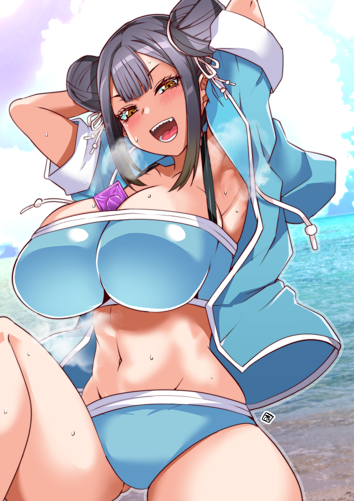 1girl :d aoi_manabu armpits bandeau between_breasts bikini black_hair blue_bikini blue_jacket breasts brown_eyes cleavage condom condom_wrapper cover cover_page double_bun gluteal_fold hair_bun hair_ribbon jacket large_breasts looking_at_viewer navel nue_no_onmyouji ocean open_clothes open_jacket open_mouth ribbon sharp_teeth short_sleeves sidelocks sky smile solo sweat swimsuit teeth textless_version tsujita_(nue_no_onmyouji) water white_ribbon