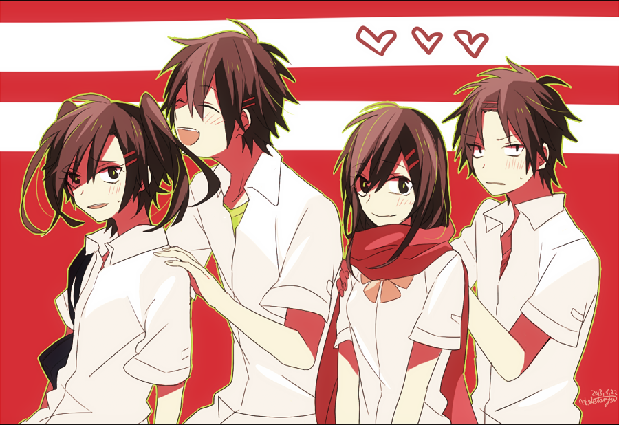 2boys 2girls :d ^_^ bangs_pinned_back black_eyes bow bowtie bright_pupils brown_eyes brown_hair closed_eyes closed_mouth collared_shirt commentary commentary_request dated double-parted_bangs english_commentary enomoto_takane enpera eyes_visible_through_hair facing_to_the_side from_side hair_between_eyes hair_ornament hairclip hand_on_another&#039;s_shoulder heart kagerou_project kisaragi_shintarou kokonose_haruka light_blush limited_palette lineup long_hair looking_at_viewer mixed-language_commentary multiple_boys multiple_girls open_collar open_mouth outline parted_lips partial_commentary pink_bow pink_bowtie red_background red_scarf scarf school_uniform shirt short_hair short_sleeves signature smile t-shirt tateyama_ayano teeth tsuki_miyabi twintails two-tone_background upper_body upper_teeth_only white_background white_shirt yellow_outline yellow_shirt