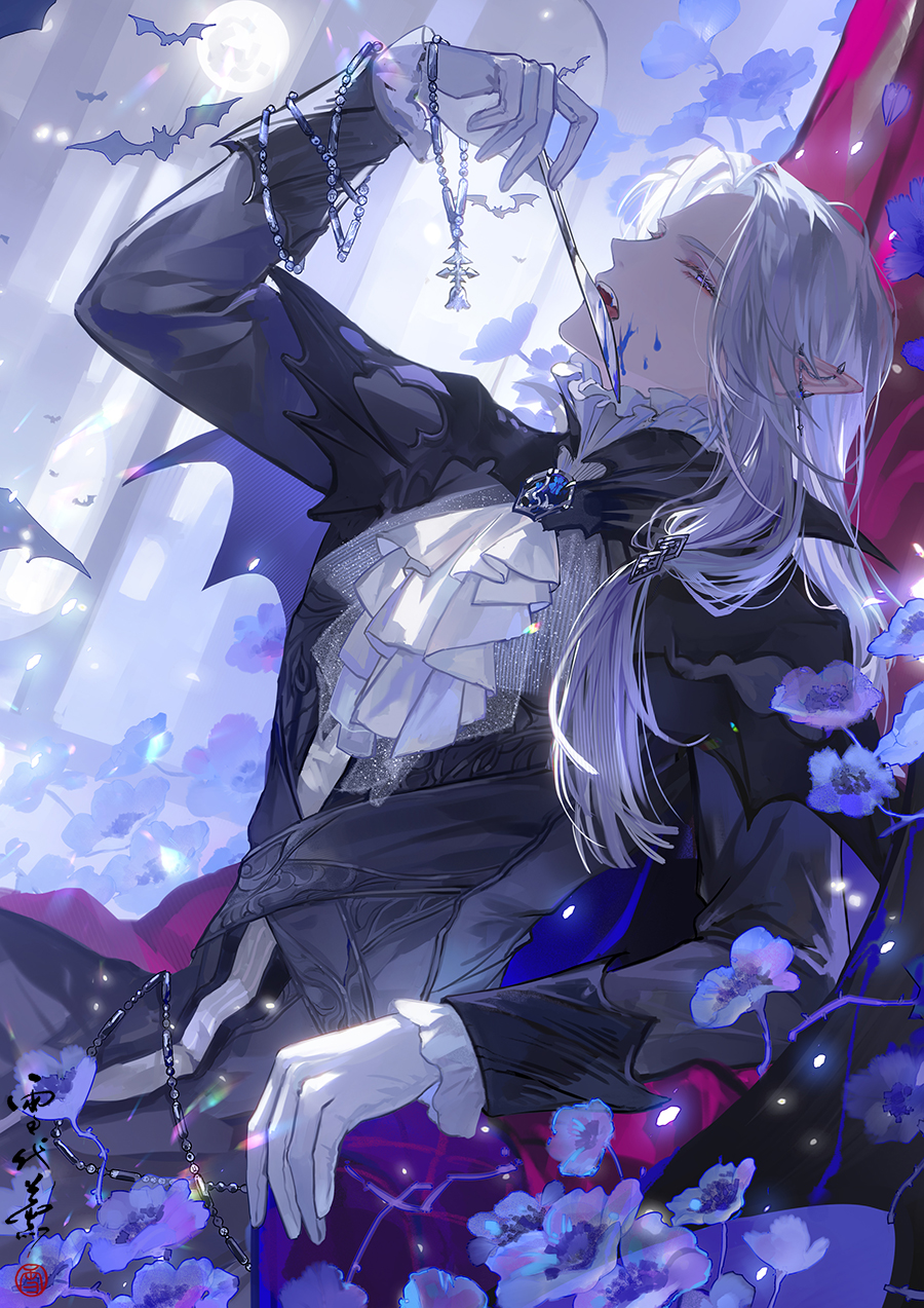 1boy arch arm_rest armchair ascot ash_echoes bat_(animal) black_cape black_coat blood blood_on_face bloody_knife blue_blood blue_cape blue_flower blunt_ends brooch cape chair coat cowboy_shot curtained_hair ear_piercing earrings fang flower frilled_shirt_collar frilled_sleeves frills full_moon gloves hair_over_shoulder half-closed_eyes hand_up highres holding holding_knife jewelry knife licking licking_blade licking_weapon light_particles long_hair long_sleeves looking_at_viewer low-tied_long_hair male_focus moon necklace open_mouth parted_bangs piercing pointy_ears profile purple_eyes rosary shirt sideways_glance sitting sleeve_cuffs solbyrd_von_luminberg solo teeth two-sided_cape two-sided_fabric unworn_jewelry unworn_necklace upper_teeth_only weapon white_ascot white_gloves white_hair white_shirt xuedaixun