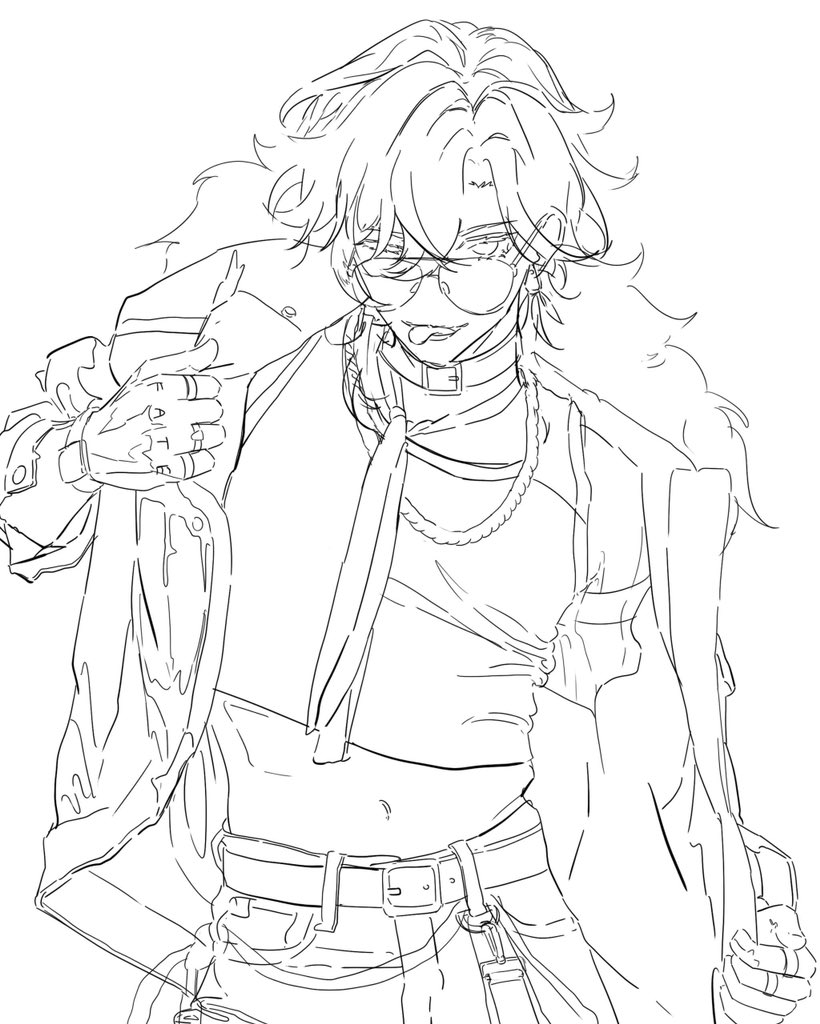 1boy aventurine_(honkai:_star_rail) belt belt_buckle buckle choker earrings fur_trim glasses greyscale hair_between_eyes honkai:_star_rail honkai_(series) jewelry looking_at_viewer male_focus midriff midriff_peek monochrome navel nest_virgo ring shirt short_hair simple_background solo watch wristwatch