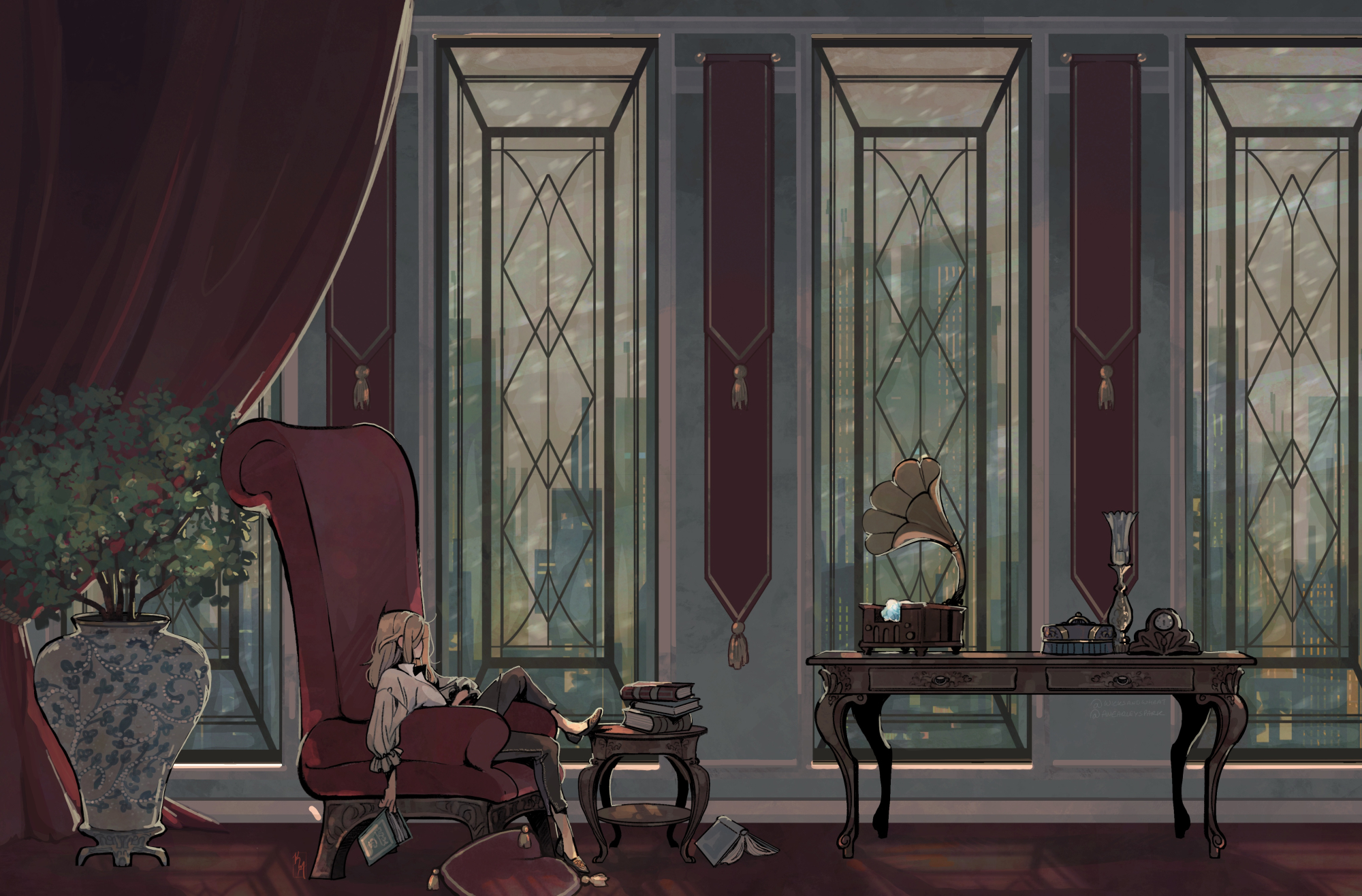 1girl ahoge armchair blonde_hair book candle candlestand chair city cityscape clock commentary curtains english_commentary feet_on_table final_fantasy final_fantasy_xiv frilled_cuffs grey_pants highres holding holding_book indoors long_hair looking_afar on_chair ornate pants phonograph pile_of_books pillow plant porcelain potted_plant rain red_carpet shirt sitting slice_of_life slippers slouching solo table tassel warrior_of_light_(ff14) white_shirt wicksandwheat window wooden_table