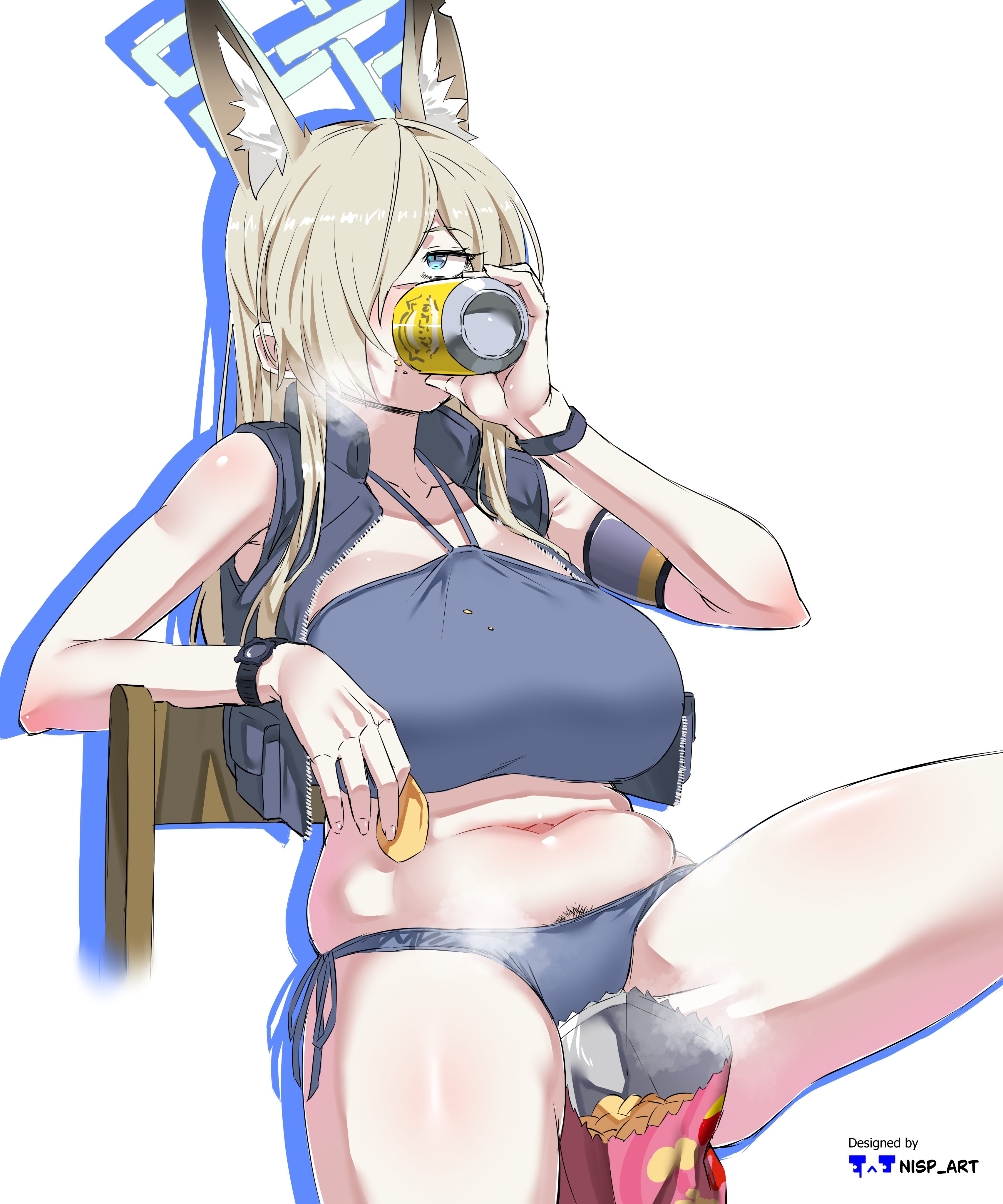 1girl absurdres alcohol animal_ear_fluff animal_ears armband bag bag_of_chips beer beer_can bikini blonde_hair blue_archive blue_bikini blue_eyes breasts can chips chips_(food) crop_top crumbs drink_can drinking female_pubic_hair food hair_over_one_eye halo highres kanna_(blue_archive) large_breasts long_hair navel nisp_art one_eye_covered open_bag open_clothes open_vest plump pubic_hair pubic_hair_peek side-tie_bikini_bottom sitting solo swimsuit vest watch white_background