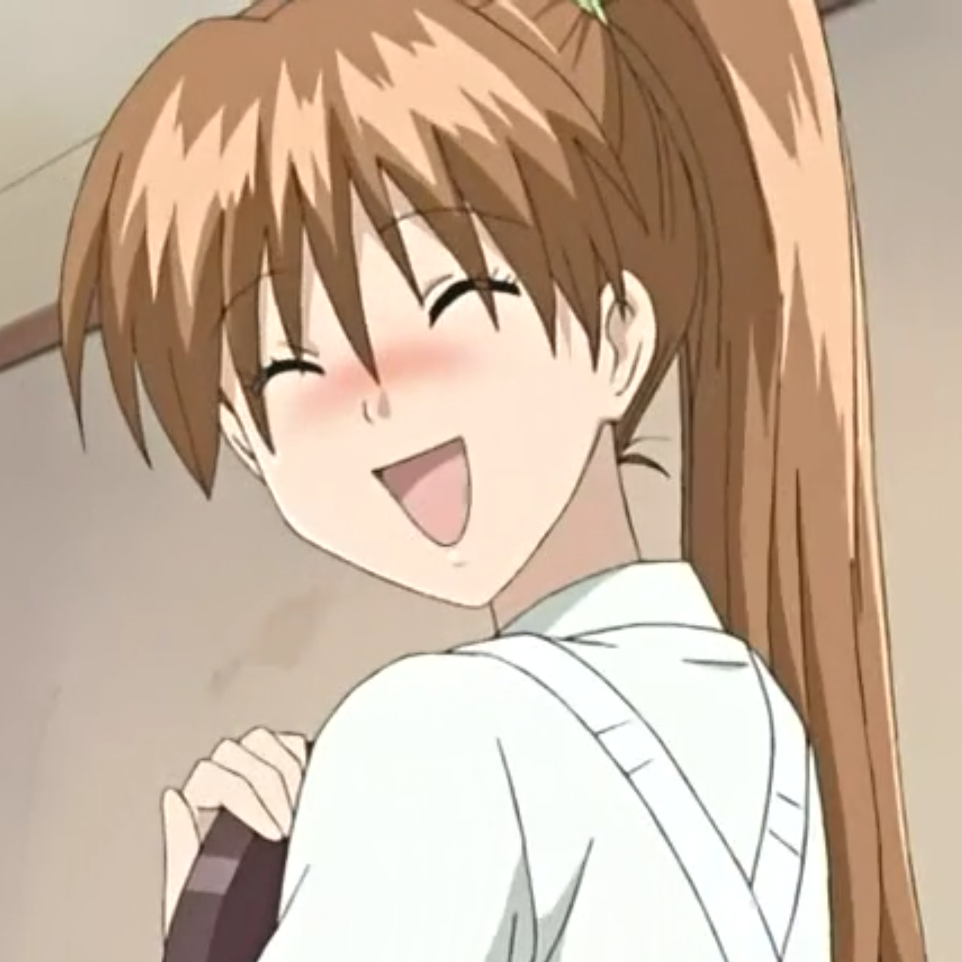 00s 1girl :d ^_^ anime_screenshot blush closed_eyes eyebrows female_focus hair_tie indoors long_hair muteki_kanban_musume nose_blush onimaru_miki open_mouth ponytail shirt smile solo upper_body white_shirt