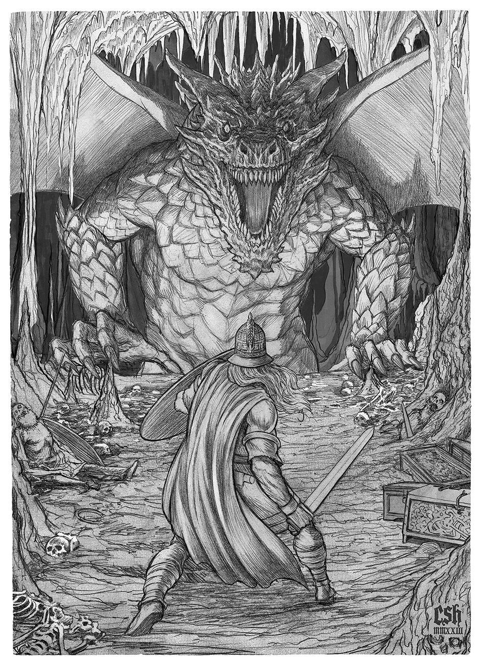 1boy armor artist_name cape cave chainmail christian_sloan_hall corpse dragon fafnir_(nibelungenlied) greyscale highres holding holding_sword holding_weapon male_focus monochrome monster norse_mythology sheath sheathed siegfried_(nibelungenlied) stalagmite sword weapon