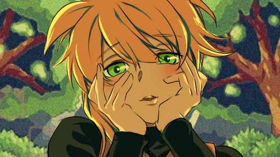 1girl bad_id bad_pixiv_id blonde_hair blush female_focus green_eyes hands_on_own_cheeks hands_on_own_face mirai_nikki nintendo parody pokemon pokemon_adventures pokemon_rgby solo style_parody tachiuo_(arines) tree yandere_trance yellow_(pokemon)