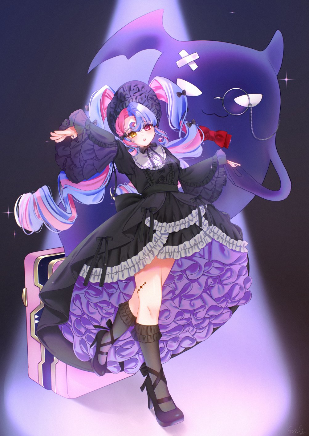 1girl black_bonnet black_dress black_shoes black_socks bonnet commentary dress goth_fashion heterochromia high_heels highres long_hair long_sleeves looking_at_viewer omochioip pero_(wuthering_waves) pink_eyes pink_hair purple_hair roccia_(wuthering_waves) shoes socks solo tacet_mark_(wuthering_waves) twintails wide_sleeves wuthering_waves yellow_eyes