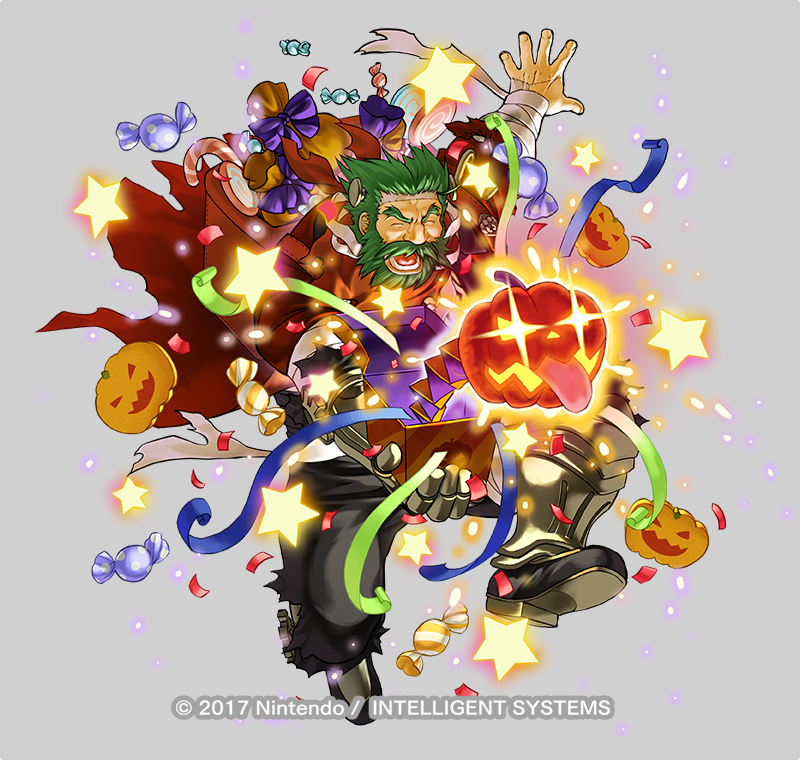 1boy alternate_costume armored_boots bag bandages beard boots bow candy closed_eyes dozla_(fire_emblem) dozla_(halloween)_(fire_emblem) facial_hair fire_emblem fire_emblem:_the_sacred_stones fire_emblem_heroes food full_body glowing glowing_eyes green_facial_hair green_hair grey_background halloween_costume jack-o&#039;-lantern kita_senri male_focus mustache nintendo official_art open_mouth pumpkin scar solo sparkle star_(symbol) teeth torn_clothes