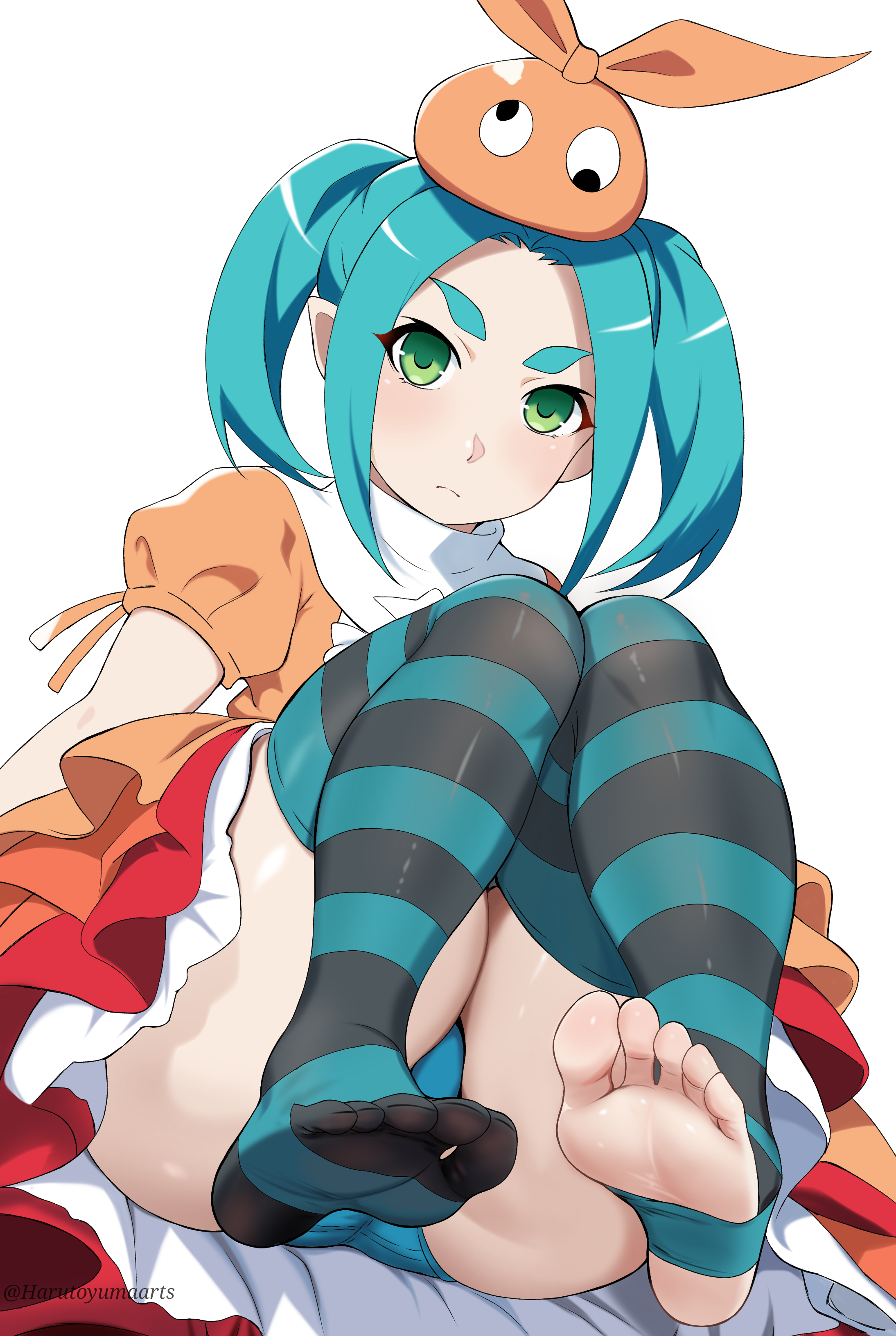 1girl absurdres aqua_hair aqua_thighhighs blue_panties closed_mouth dress feet_up googly_eyes green_eyes harutoyumaarts hat highres knees_up looking_at_viewer monogatari_(series) ononoki_yotsugi orange_dress orange_hat panties pointy_ears simple_background solo striped_clothes striped_thighhighs thick_eyebrows thighhighs twintails underwear white_background
