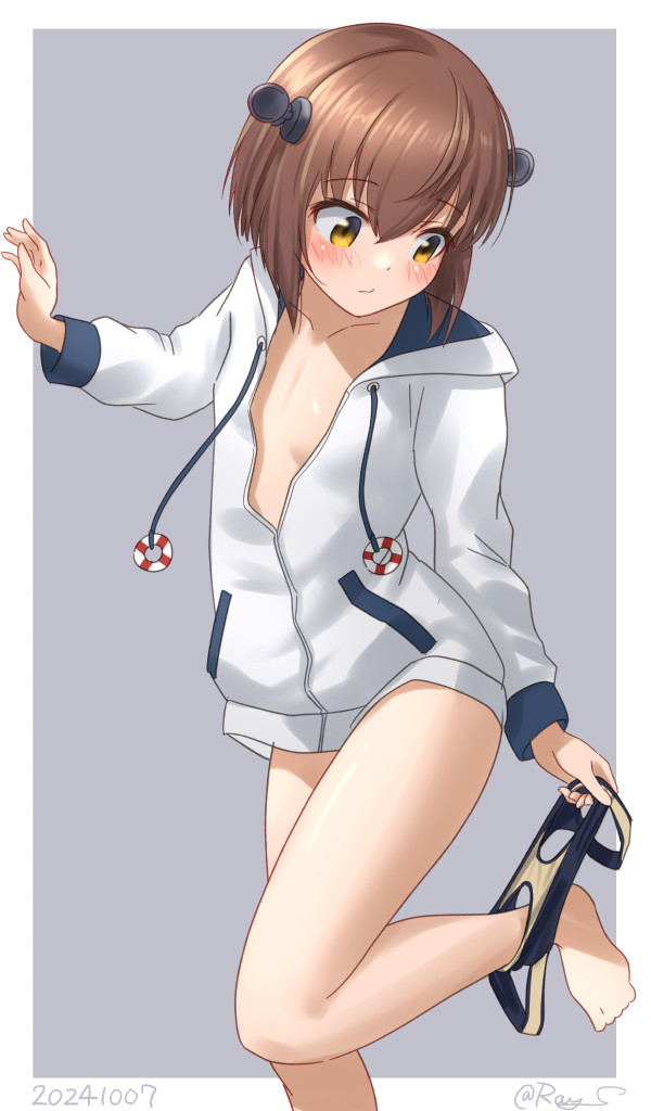 1girl blue_one-piece_swimsuit blush border brown_eyes brown_hair collarbone dated grey_background headgear hood hooded_jacket jacket kantai_collection long_sleeves old_school_swimsuit one-piece_swimsuit ray.s school_swimsuit short_hair signature solo speaking_tube_headset standing standing_on_one_leg swimsuit undressing unworn_swimsuit white_border white_jacket yukikaze_(kancolle) yukikaze_(swimsuit)_(kancolle)