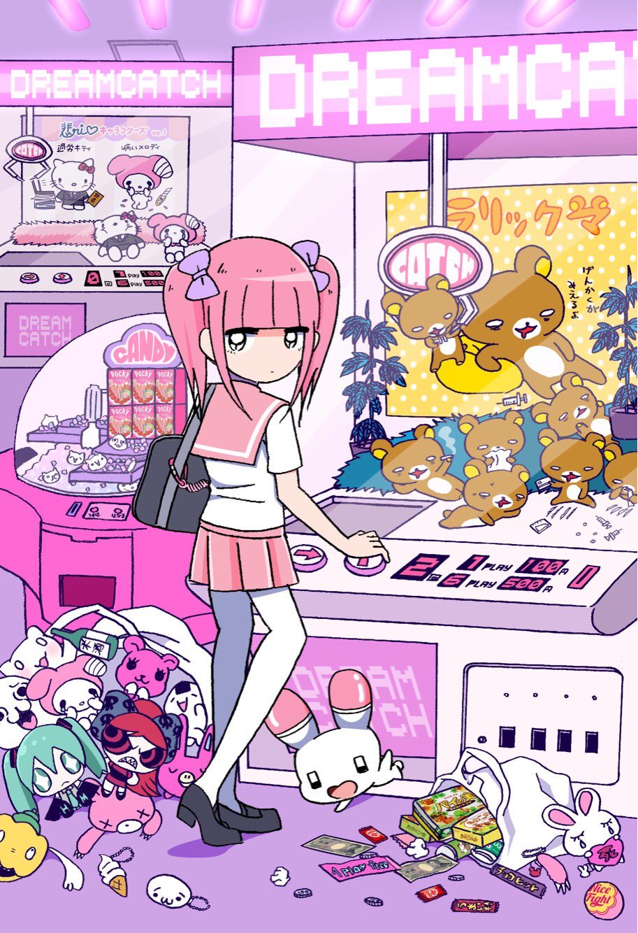 1girl 2channel animal arcade bag banknote black_footwear black_hair blossom_(ppg) blunt_bangs bow bush can candy candy_bar charm_(object) coin crane_game dollar_bill drink_can ezaki_bisuko food giko hatsune_miku hello_kitty_(character) highres lollipop menhera-chan_(ezaki_bisuko) menhera-chan_(ezaki_bisuko)_(character) money my_melody onegai_my_melody pink_hair pink_sailor_collar pink_skirt pink_theme plant pleated_skirt powerpuff_girls purple_bow rabbit sailor_collar sanrio school_uniform serafuku shii skirt soda_can solo standing stuffed_animal stuffed_toy syringe thighhighs tissue usatan vocaloid white_serafuku white_thighhighs