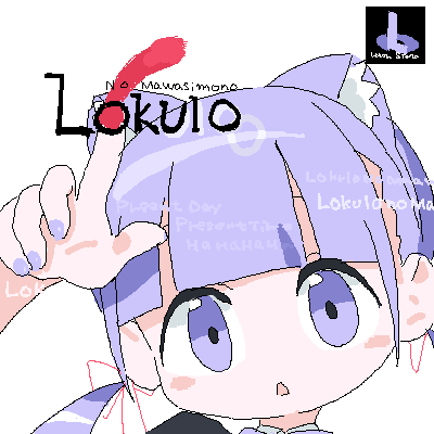 1girl animal_ear_hairband animal_ears blunt_bangs blush_stickers cat_ear_hairband cat_ears character_name commentary_request cover derivative_work drawing_on_fourth_wall fake_animal_ears hairband hand_up head_tilt logo_parody lokulo-chan_(lokulo_no_mawashimono) lokulo_no_mawashimono long_hair looking_at_viewer low_twintails lowres oekaki open_mouth original parody pixel_art playstation_logo portrait purple_eyes purple_hair purple_nails serial_experiments_lain simple_background solo triangle_mouth twintails video_game_cover video_game_cover_redraw white_background