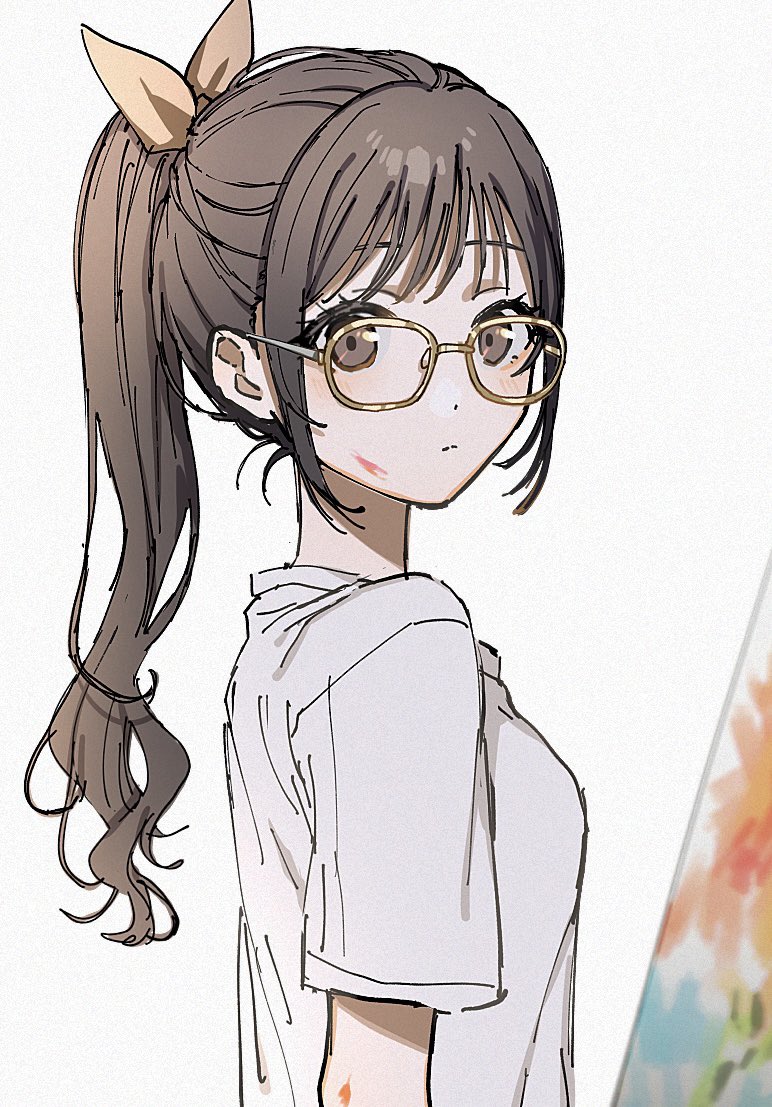 1girl bloom_festival_(project_sekai) brown_eyes canvas_(object) expressionless high_ponytail iwawa long_hair looking_at_viewer looking_to_the_side official_alternate_costume official_alternate_hair_length official_alternate_hairstyle paint_splatter paint_splatter_on_face ponytail project_sekai ribbon shinonome_ena shirt sidelocks simple_background solo swept_bangs t-shirt white_background white_shirt yellow-framed_eyewear yellow_ribbon