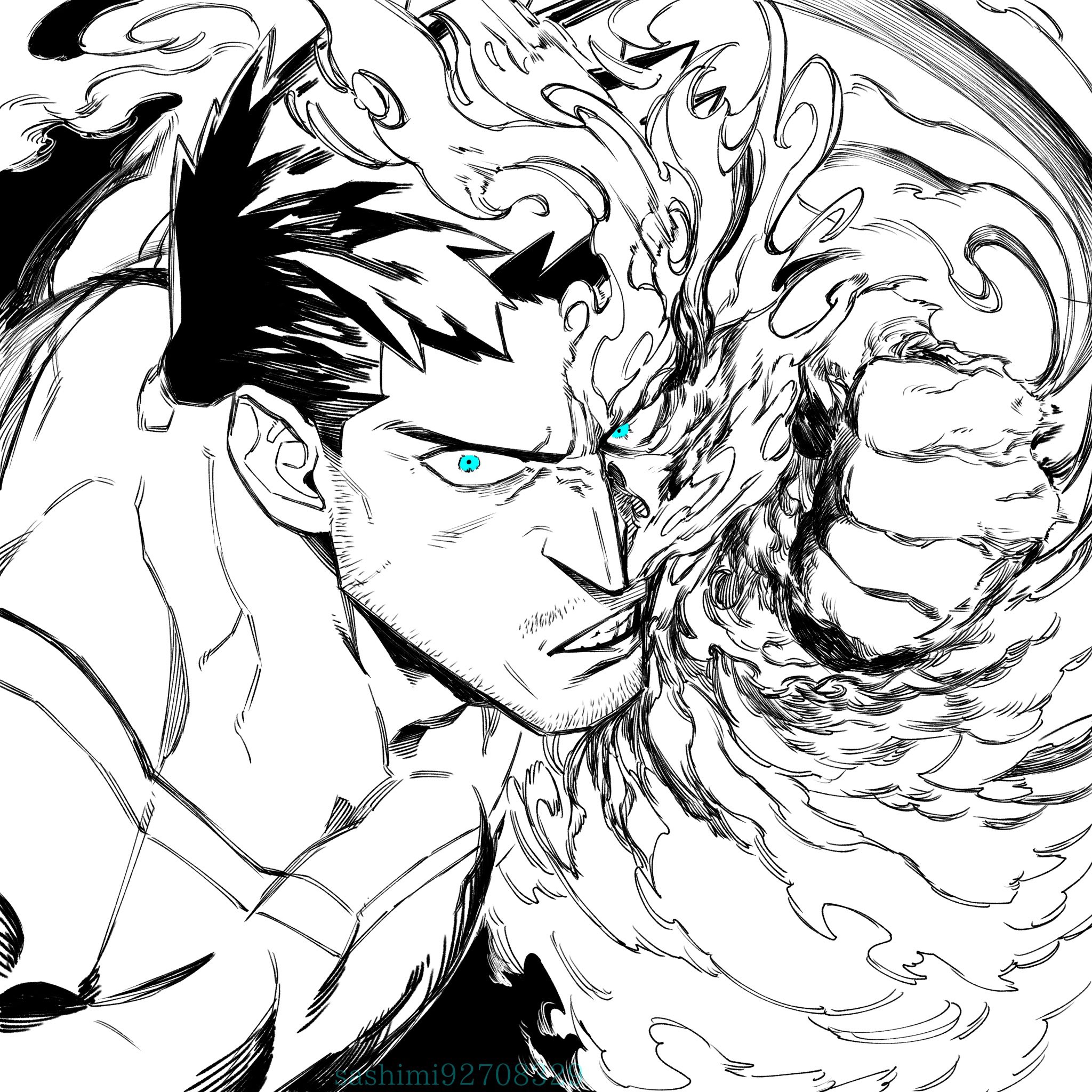 1boy beard_stubble blue_eyes boku_no_hero_academia clenched_teeth endeavor_(boku_no_hero_academia) facial_hair fire greyscale highres incoming_attack incoming_punch male_focus mature_male monochrome mustache_stubble punching pyrokinesis sanpaku sashimi_oran serious short_hair sideburns sideburns_stubble solo spiked_hair spot_color stubble teeth tsurime upper_body
