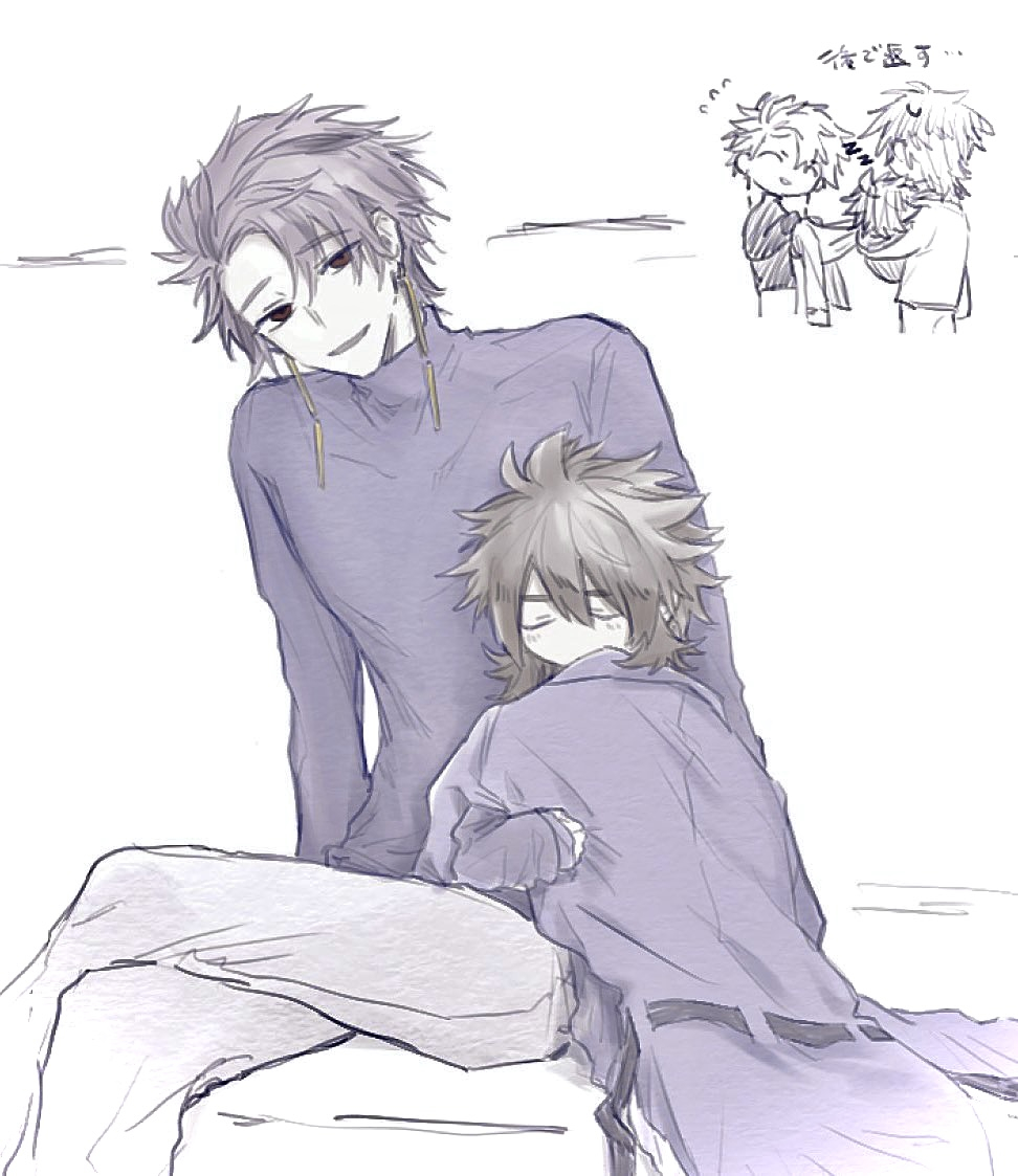 3boys belt black_belt brown_hair child closed_eyes coat commentary_request earrings flying_sweatdrops hair_between_eyes harada_minoru isoi_reiji jewelry long_sleeves male_focus multiple_boys open_mouth pants poka_(user_kypt4454) purple_coat purple_hair purple_sweater red_eyes saibou_shinkyoku short_hair sleeping sleeves_past_wrists smile sweat sweater theodore_riddle translation_request turtleneck turtleneck_sweater white_pants zzz