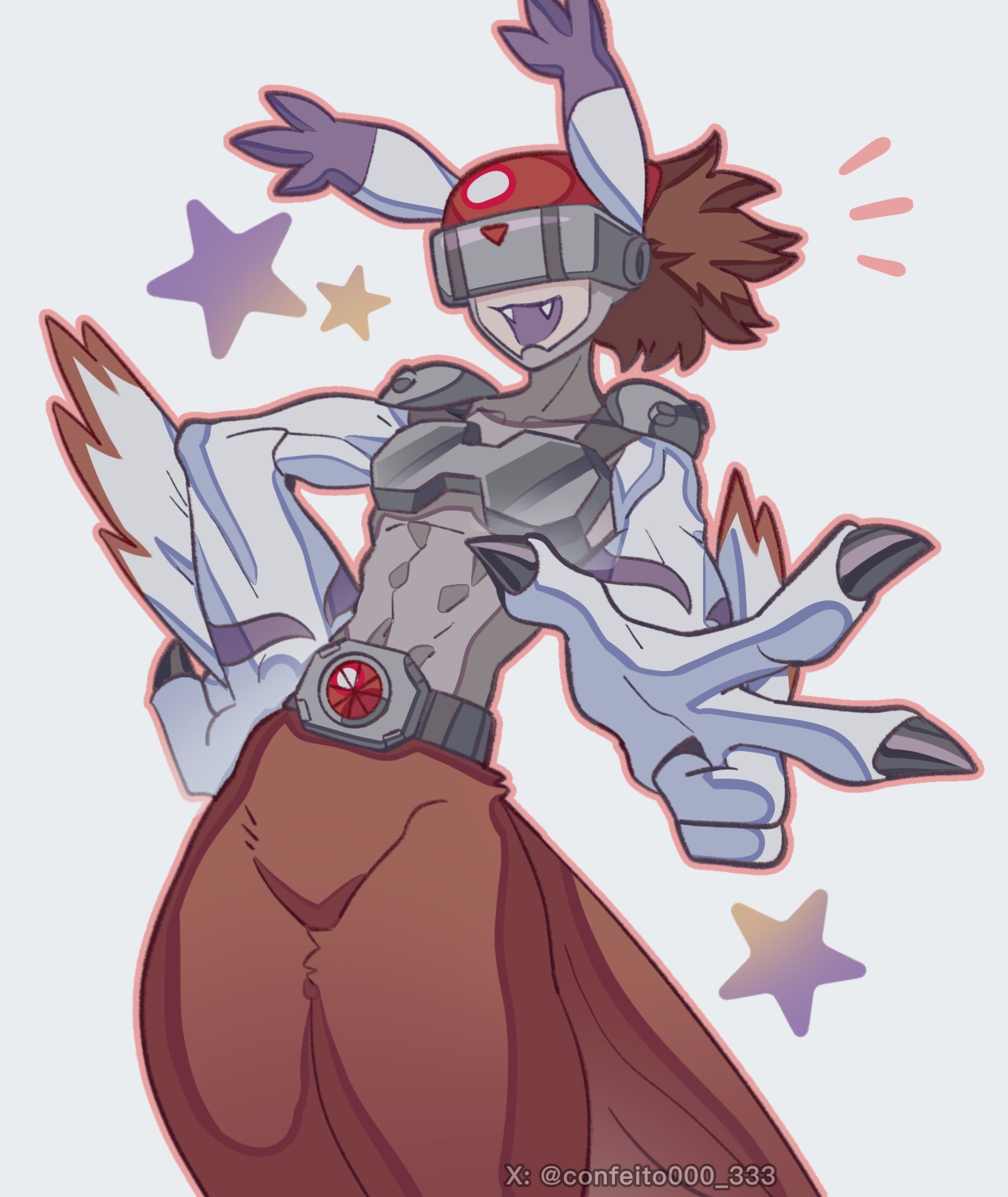 1boy belt_buckle body_fur buckle confeito000_333 cowboy_shot digimon digimon_(creature) fangs head-mounted_display highres male_focus open_mouth silphymon simple_background solo star_(symbol) w white_background white_fur