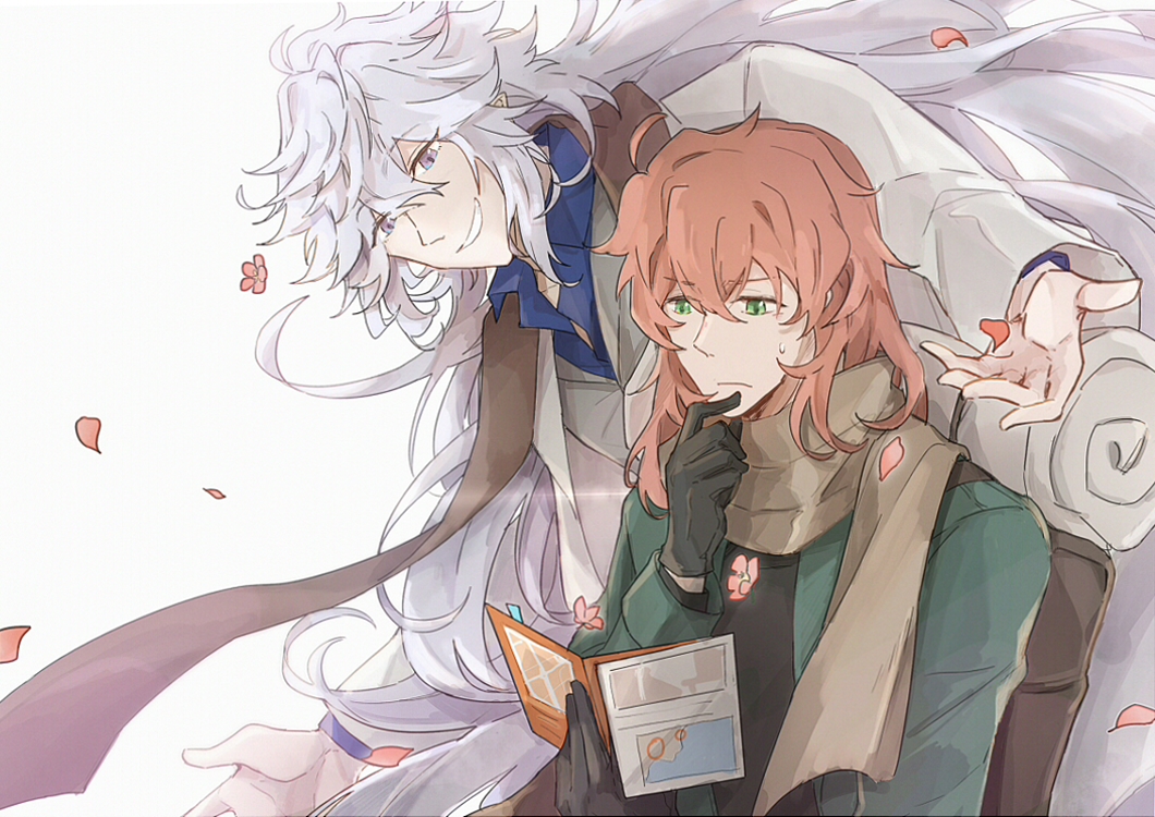 2boys ahoge backpack bag black_gloves black_shirt blue_shirt brochure brown_scarf closed_mouth collared_shirt falling_petals fate/grand_order fate_(series) flower frown gloves green_eyes green_jacket grey_vest grin hair_between_eyes hand_on_own_chin holding holding_paper jacket long_hair long_sleeves looking_at_another male_focus medium_hair merlin_(fate) merlin_(traveling_outfit)_(fate) multiple_boys official_alternate_costume official_alternate_hair_length official_alternate_hairstyle open_clothes open_collar open_jacket orange_hair paper petals pink_flower purple_eyes romani_archaman ruoyin scarf shirt simple_background smile stole sweat very_long_hair vest white_background white_hair white_jacket wing_collar
