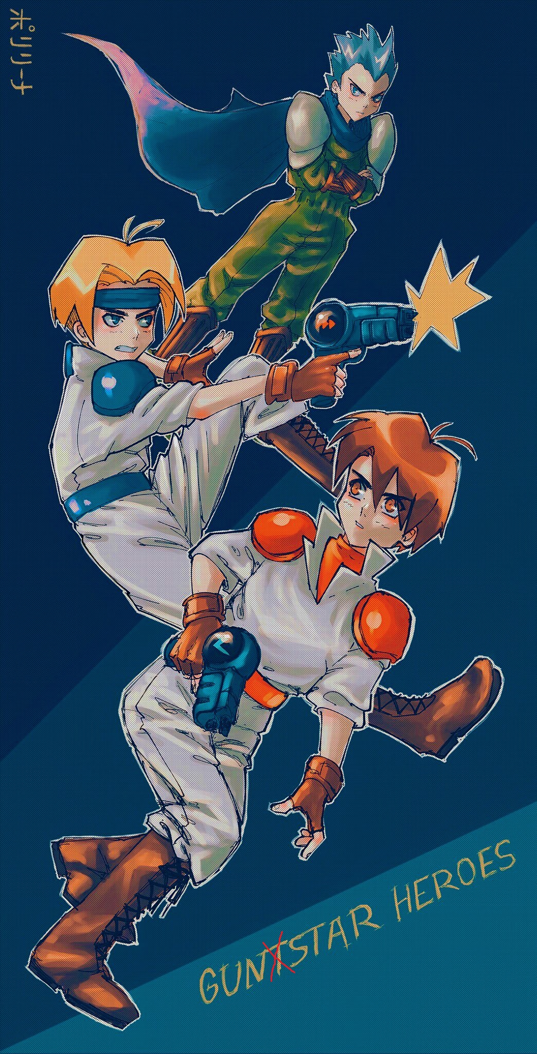 3boys aiming bad_id bad_pixiv_id bandana belt blonde_hair blue_eyes boots bracelet brown_eyes brown_hair copyright_name crossed_arms energy_gun english_text engrish_text fingerless_gloves firing game_console gloves green_(gunstar_heroes) gunstar_blue gunstar_heroes gunstar_red highres jewelry looking_at_viewer multiple_boys parody poririna ranguage ray_gun retro_artstyle science_fiction sega sega_mega_drive shoulder_pads spiked_hair treasure_(developer) uniform villain_pose weapon