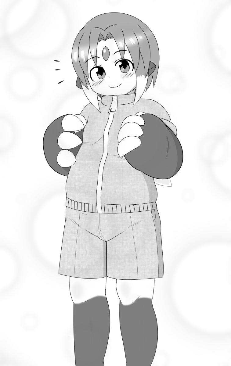 1boy animal_hands belly blush child claws highres kodalar looking_at_viewer male_focus mazato_codalove medium_hair monochrome multicolored_hair shorts smile solo sweats tareme thick_arms thick_thighs thighs two-tone_hair ultra_series