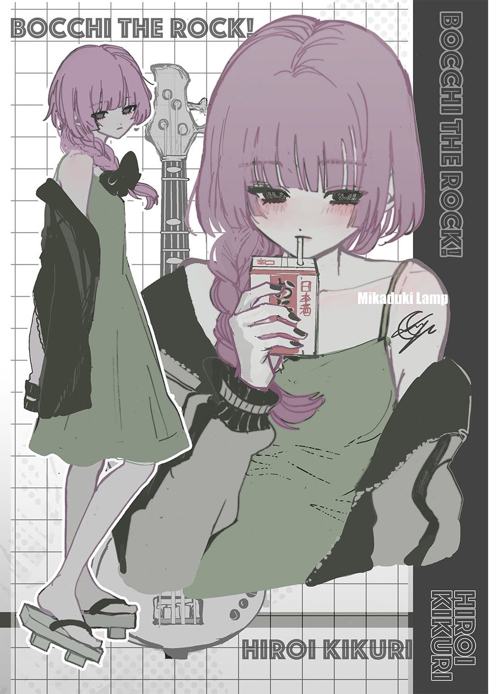 1girl :| alcohol alcohol_carton black_bow black_eyes blunt_bangs blush bocchi_the_rock! bow braid character_name closed_mouth collarbone copyright_name cropped_torso crossed_legs dress drink drinking drinking_straw drinking_straw_in_mouth expressionless full_body geta green_dress grid_background hair_bow hair_over_shoulder highres hiroi_kikuri holding holding_carton holding_drink jacket long_hair looking_at_viewer looking_back monochrome_background multiple_views open_clothes open_jacket purple_hair sake signature single_braid single_off_shoulder spaghetti_strap three9moon unzipped
