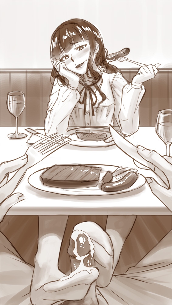 1boy 1girl blunt_bangs blush commentary cum cum_on_body cum_on_feet cup drinking_glass elleciel.eud face_piercing fear_&amp;_hunger fear_&amp;_hunger_(series) fear_&amp;_hunger_2:_termina feet food footjob footjob_over_clothes footjob_under_table footjob_with_legwear fork frilled_shirt_collar frills head_rest heart heart-shaped_pupils holding holding_fork holding_knife indoors knife long_hair long_sleeves looking_at_viewer marina_(fear_&amp;_hunger) mouth_piercing naughty_face neck_ribbon open_mouth penis piercing plate pov pov_across_table pov_crotch ribbon sausage sepia socks steak symbol-shaped_pupils uncensored under_table
