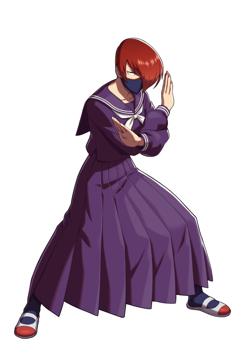 1girl crossed_arms delinquent female_focus full_body genderswap genderswap_(mtf) hair_over_one_eye long_skirt looking_at_viewer mask miss_x mouth_mask nail_polish official_art ogura_eisuke pantyhose pleated_skirt red_hair red_nails school_uniform serafuku shoes short_hair skirt snk_gals_fighters snk_heroines:_tag_team_frenzy solo sukeban the_king_of_fighters transparent_background uwabaki yagami_iori