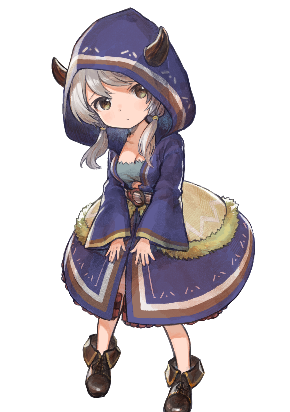 1girl belt belt_buckle blue_coat boots breasts brown_boots brown_eyes buckle camieux cleavage coat commentary_request draph eyebrows_hidden_by_hair female_focus granblue_fantasy grey_hair hair_tie head_tilt highres hood hood_up hooded_coat horns horns_through_headwear karamomo long_hair long_sleeves looking_at_viewer low_twintails medium_breasts simple_background solo standing twintails white_background wide_sleeves