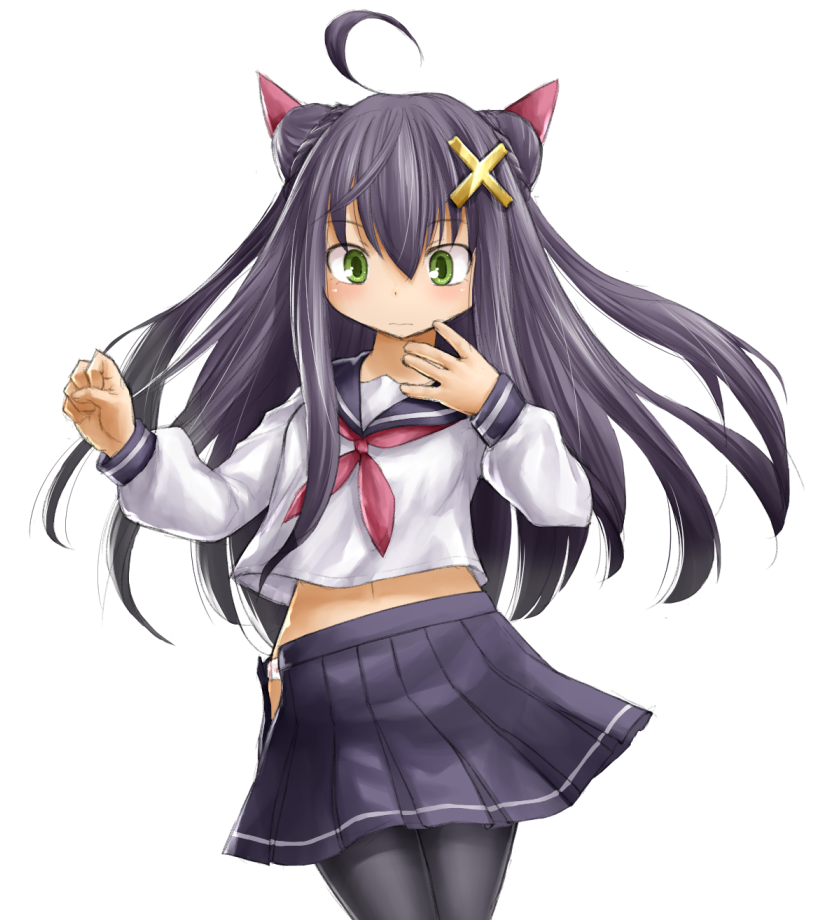 1girl ahoge black_hair black_thighhighs blush character_request cowboy_shot cross_hair_ornament double_bun emil_chronicle_online female_focus flat_chest green_eyes hair_bun hair_ornament kasuga_yukihito kiyohime_lore long_hair open_clothes open_skirt panties school_uniform serafuku simple_background skirt solo thighhighs underwear wardrobe_malfunction
