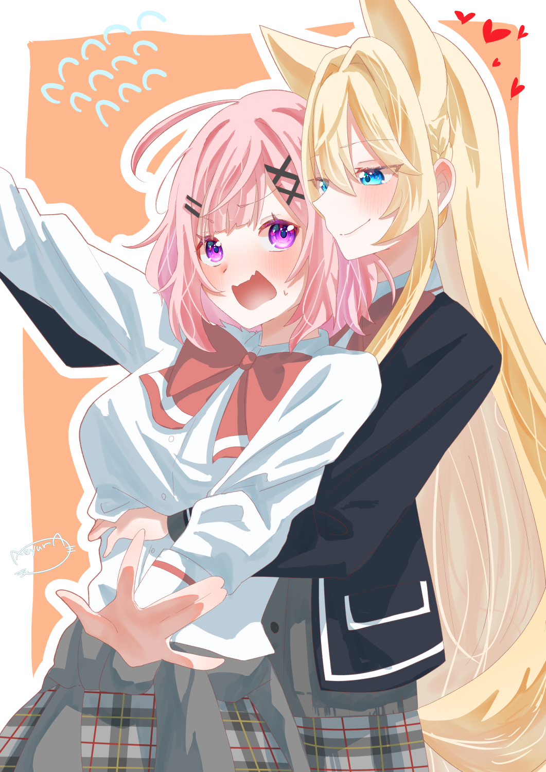 2girls amaori_renako asyuraillust black_jacket blazer blonde_hair blue_eyes bow bowtie closed_mouth commentary_request flying_sweatdrops grey_skirt heart highres hug hug_from_behind jacket long_hair long_sleeves medium_hair multiple_girls orange_background outline ouzuka_mai pink_hair plaid_clothes plaid_skirt pleated_skirt purple_eyes red_bow red_bowtie shirt skirt smile watashi_ga_koibito_ni_nareru_wake_naijan_murimuri! white_outline white_shirt yuri