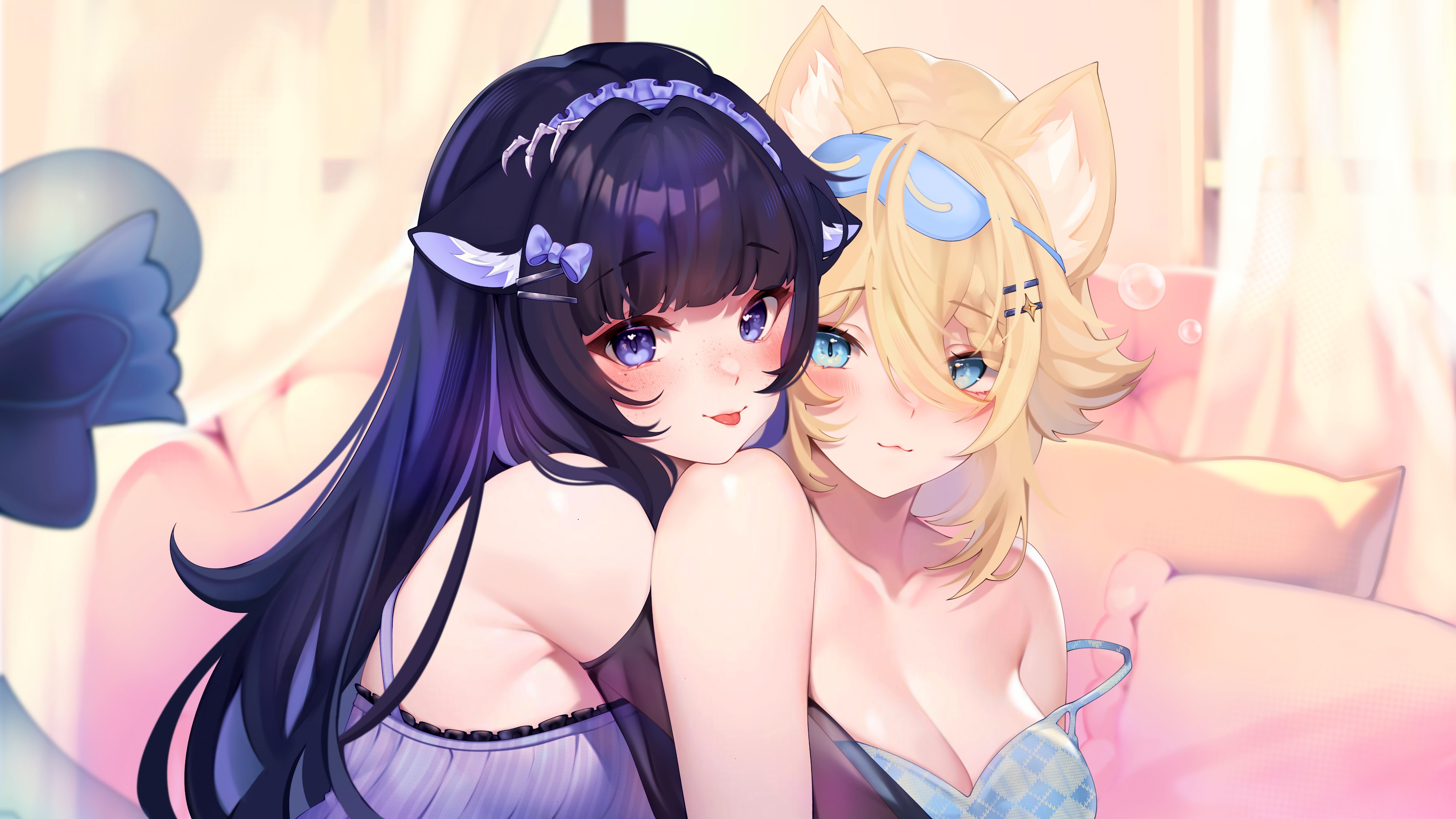 2girls :3 :p absurdres animal_ear_fluff animal_ears black_hair blonde_hair blue_eyes blue_nightgown bow breasts bubble cat_ears cat_girl cleavage hair_between_eyes hair_bow hair_ornament heart heart_in_eye highres indie_virtual_youtuber kaneko_lumi long_hair multiple_girls nekrolina nightgown oliveart phase_connect pillow purple_bow purple_eyes purple_nightgown second-party_source see-through_clothes see-through_sleeves sleep_mask strap_slip symbol_in_eye tongue tongue_out virtual_youtuber