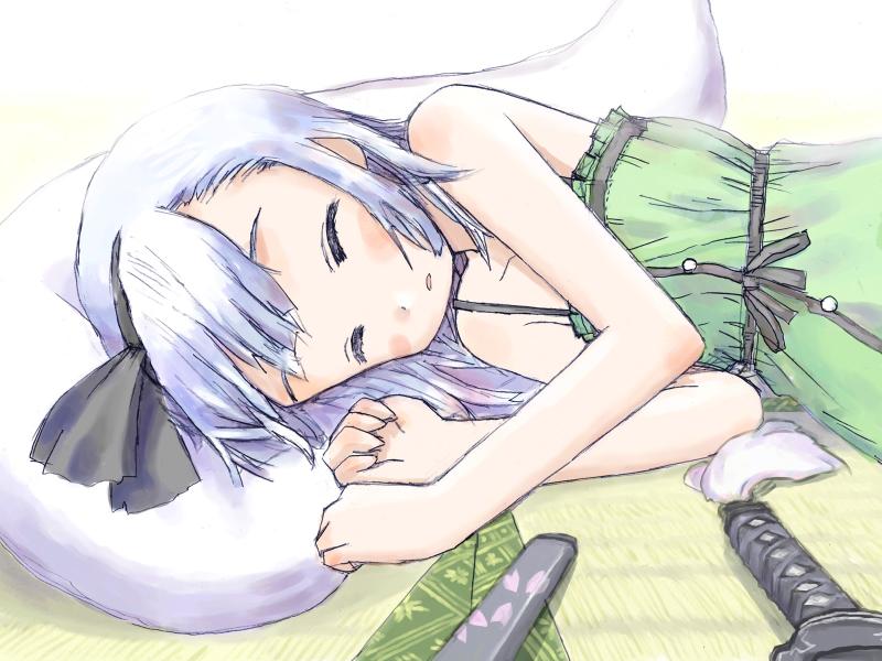 1girl bad_id bad_pixiv_id bare_shoulders collarbone closed_eyes female_focus hair_ribbon hairband hilt katana konpaku_youmu konpaku_youmu_(ghost) lying nightgown on_side ribbon ruin_(sora) short_hair silver_hair sleeping solo sword tatami touhou weapon
