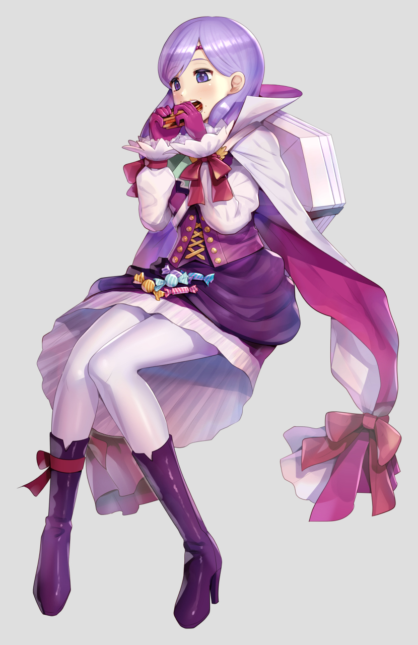 1girl alternate_costume boots candy cloak coffin corset dress eating female_focus fire_emblem fire_emblem:_path_of_radiance fire_emblem:_radiant_dawn fire_emblem_heroes food full_body gloves gonzarez grey_background halloween high_heel_boots high_heels highres ilyana_(fire_emblem) ilyana_(halloween)_(fire_emblem) invisible_chair light_purple_hair long_sleeves medium_hair nintendo open_mouth pantyhose purple_boots purple_eyes purple_gloves simple_background sitting skirt solo white_pantyhose