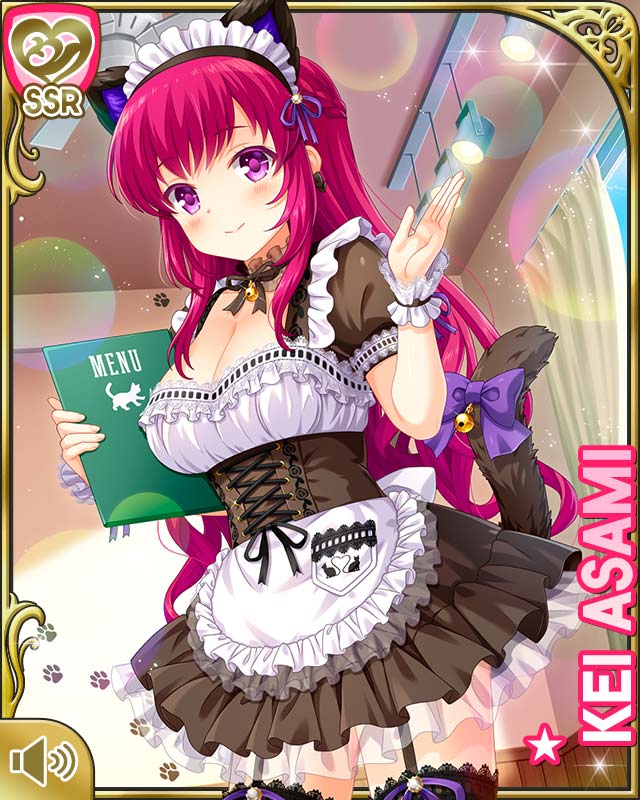 1girl animal_ears apron asami_kei black_thighhighs bow breasts brown_dress cafe card_(medium) cat_ears cat_tail character_name cleavage cleavage_cutout closed_mouth clothing_cutout dress fake_animal_ears fake_tail girlfriend_(kari) maid_apron maid_headdress official_art outdoors pink_eyes pink_hair purple_bow qp:flapper smile solo standing tagme tail thighhighs
