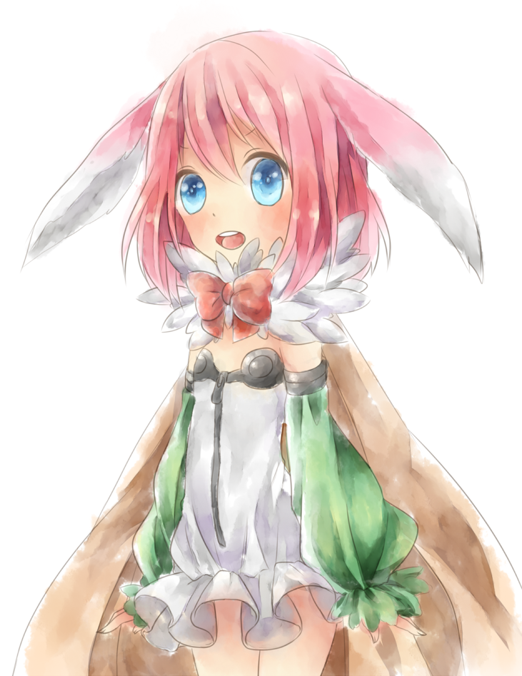 1girl alchemist_(ragnarok_online) animal_ears blue_eyes blush brown_cape cape commentary_request cowboy_shot detached_sleeves dress flat_chest floppy_ears fur_collar green_sleeves looking_at_viewer meiko_(nattu303) open_mouth pink_hair rabbit_ears rabbit_girl ragnarok_online simple_background solo teeth upper_teeth_only white_background white_dress