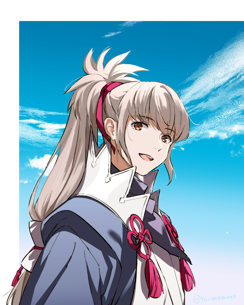 1boy blue_sky cloud cloudy_sky fire_emblem fire_emblem_fates grey_hair japanese_clothes long_hair male_focus nintendo orange_eyes ponytail sky solo takumi_(fire_emblem) taromarun