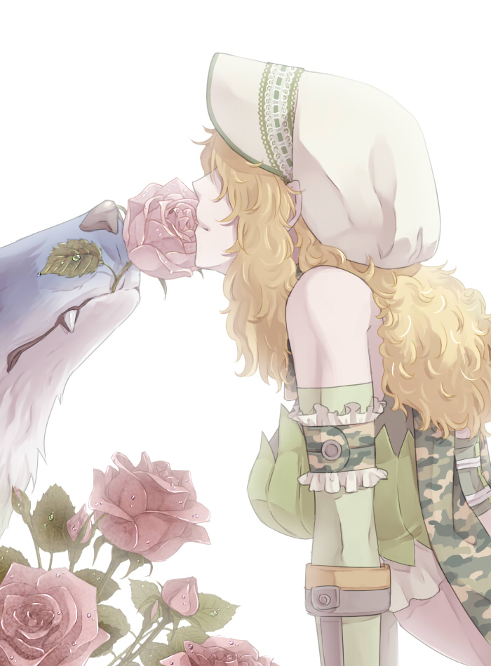 1girl blonde_hair bonnet camouflage camouflage_scarf closed_mouth commentary_request crop_top detached_sleeves dew_drop flower flower_in_mouth green_shirt green_sleeves leaning_forward medium_hair pink_flower ragnarok_online ranger_(ragnarok_online) rose shirt simple_background smelling smelling_flower solo susukinohukurou upper_body water_drop white_background white_headwear wolf