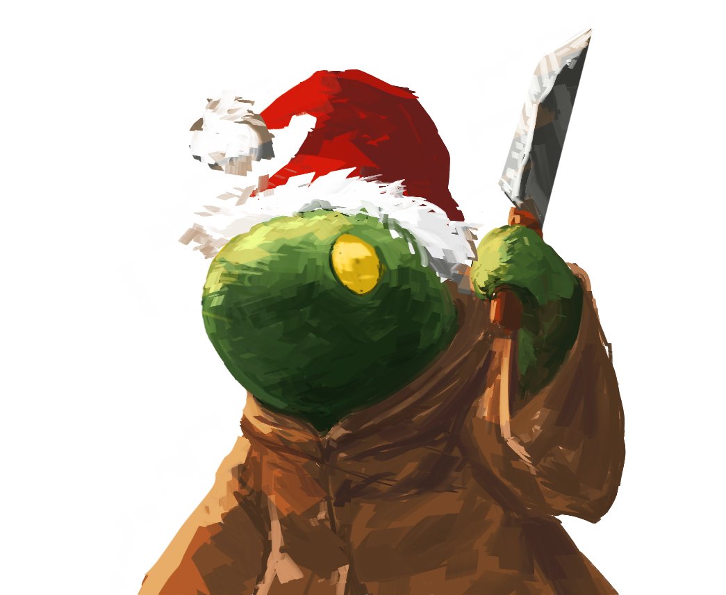 1other arm_up blank_eyes brown_robe colored_skin final_fantasy fur-trimmed_hat green_skin hat holding holding_knife holding_weapon hooded_robe knife long_sleeves looking_afar no_lineart other_focus pom_pom_(clothes) red_hat robe santa_hat simple_background sketch solo standing tonberry un.i_(protorc) upper_body weapon white_background wide_sleeves yellow_eyes