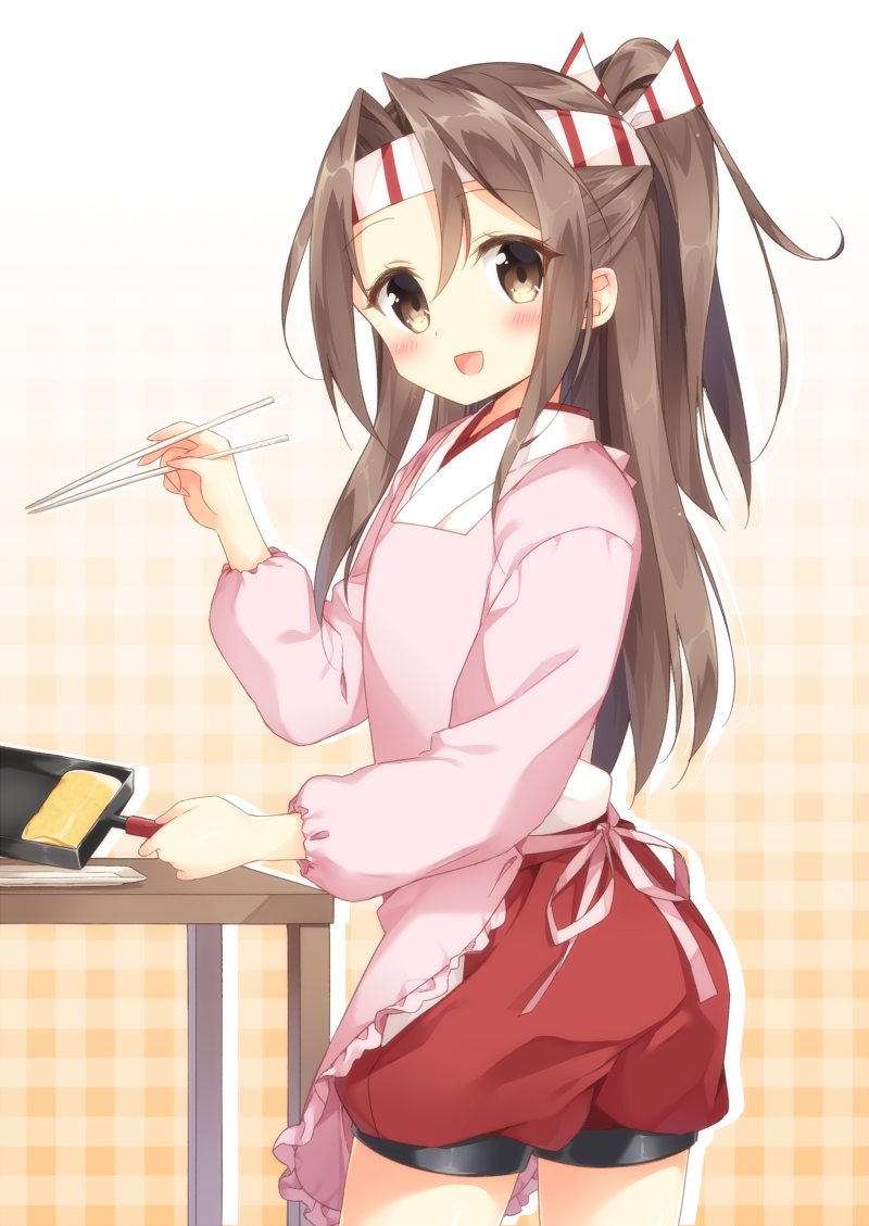 10s 1girl :d apron brown_eyes brown_hair chopsticks cooking female_focus food frying_pan hakama hakama_skirt headband holding japanese_clothes kantai_collection long_hair looking_at_viewer makiyakinabe masuishi_kinoto omelet open_mouth ponytail red_hakama shima_(shima_je) short_shorts shorts skirt smile solo tamagoyaki zuihou_(kancolle)